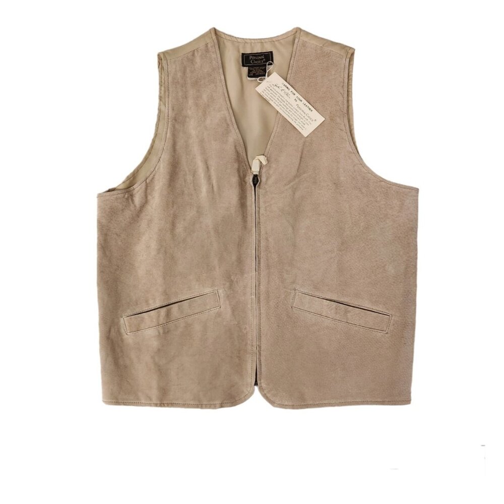 VINTAGE Personal Choice Leather Vest John L Blair Mens Large Beige Zip NEW NWT